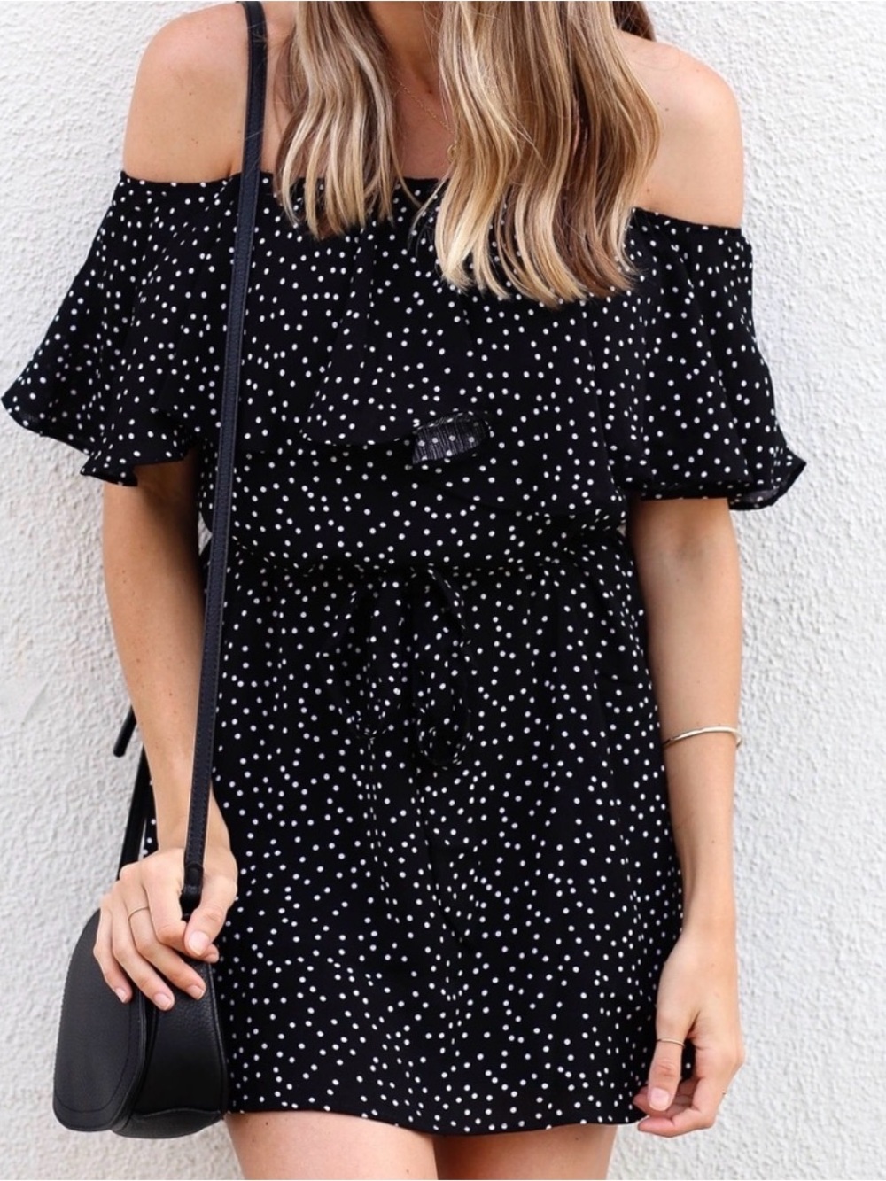 Off-Shoulder Black Polka Dot Dress